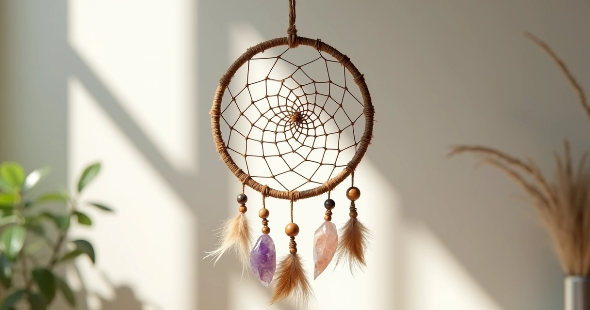 Filtro dos sonhos artesanal com cristais naturais pendurados 