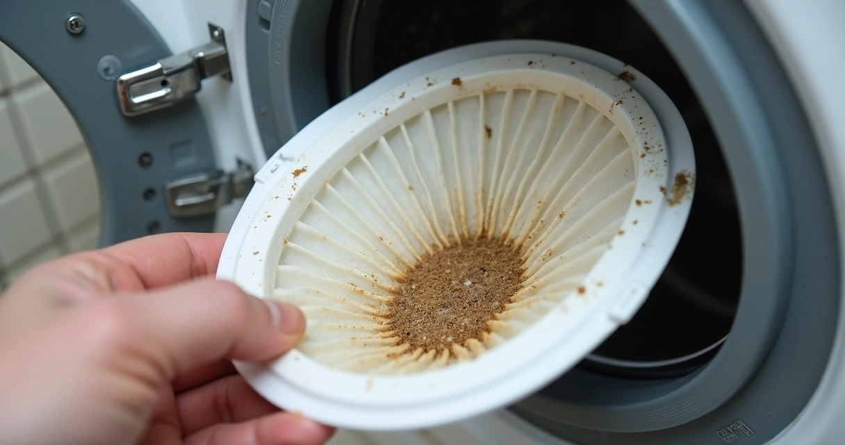 Filtro interno de lava e seca com acúmulo de sujeira 