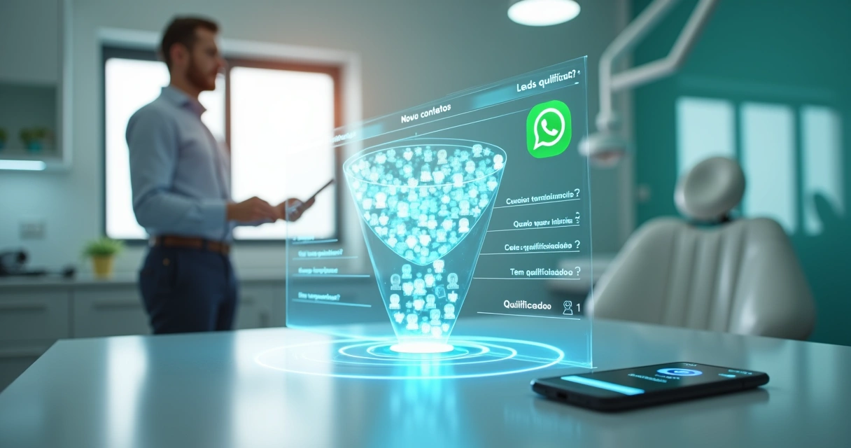 Gestor odontológico observando funil digital separando leads qualificados e curiosos 