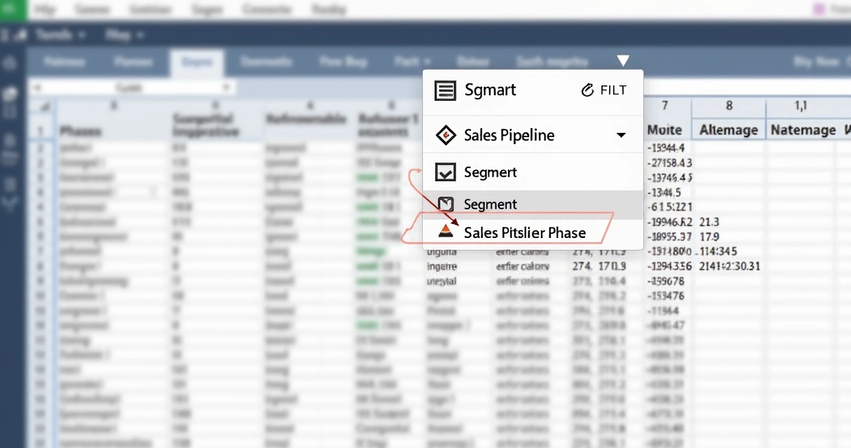 Detalhe de filtro aplicado em planilha de clientes B2B Excel, destaque nas colunas de segmento e fase do funil 