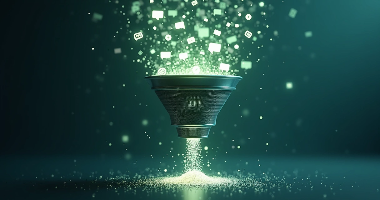 Areia movendo-se por filtros metálicos com ícones de mensagens se acumulando organizados 