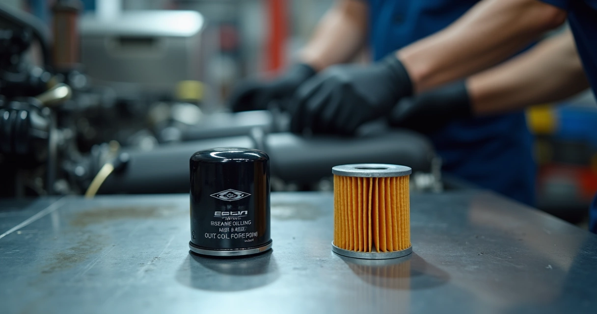 Filtro de óleo de motor de pickup em uma bancada de oficina