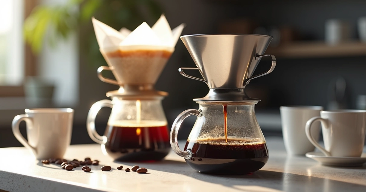 Filtro de papel e metálico com café na copa do escritório