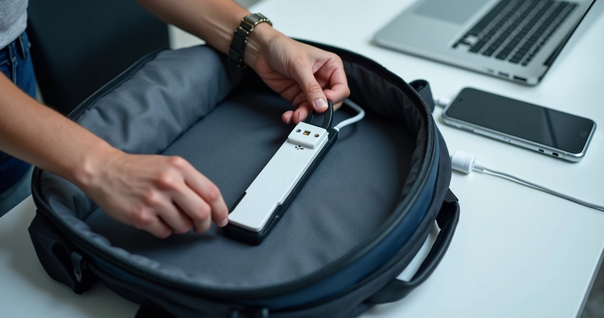 Filtro de linha portátil sendo guardado em uma mochila aberta 