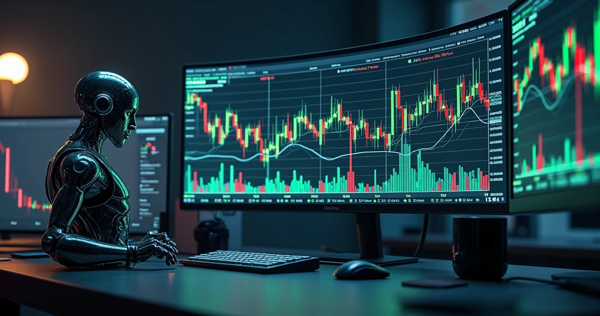 Painel de trading com robô avaliando volatilidade em gráfico de criptomoedas 