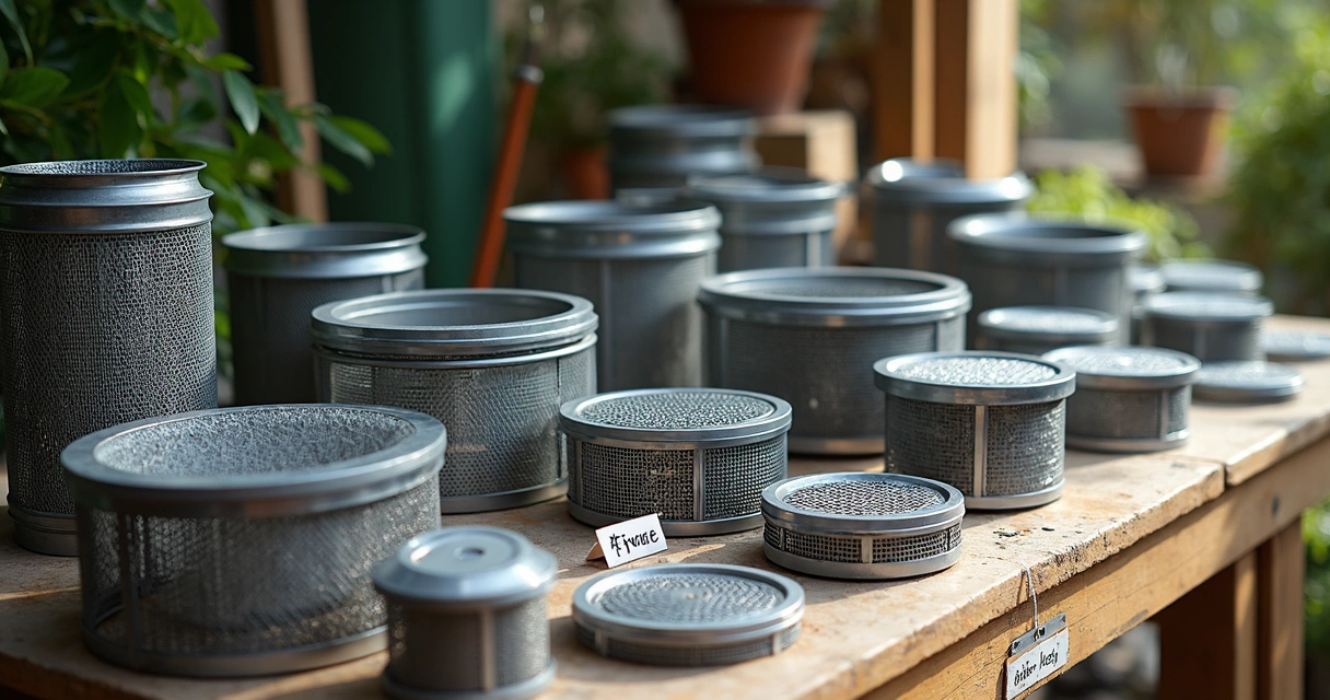 Filtros e grelhas para tubagens de jardim em exibição 