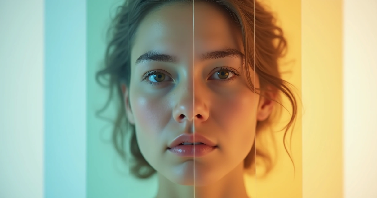 Rostro visto a través de varios filtros de colores superpuestos 