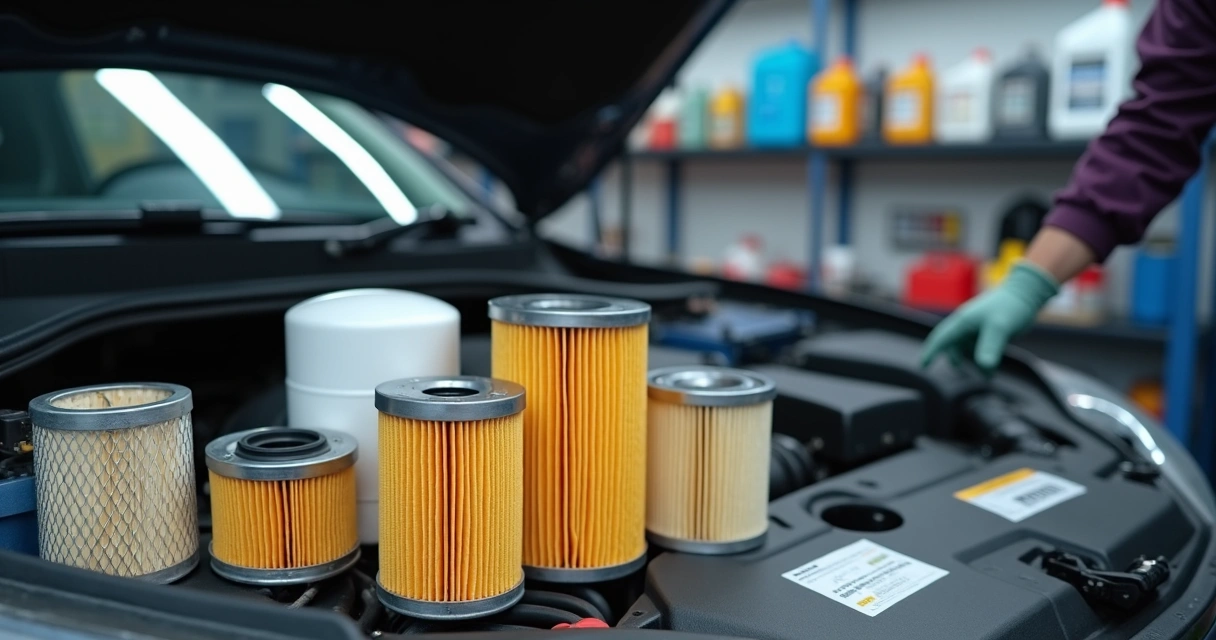 Filtros de óleo, ar e combustível alinhados ao lado de um motor de carro