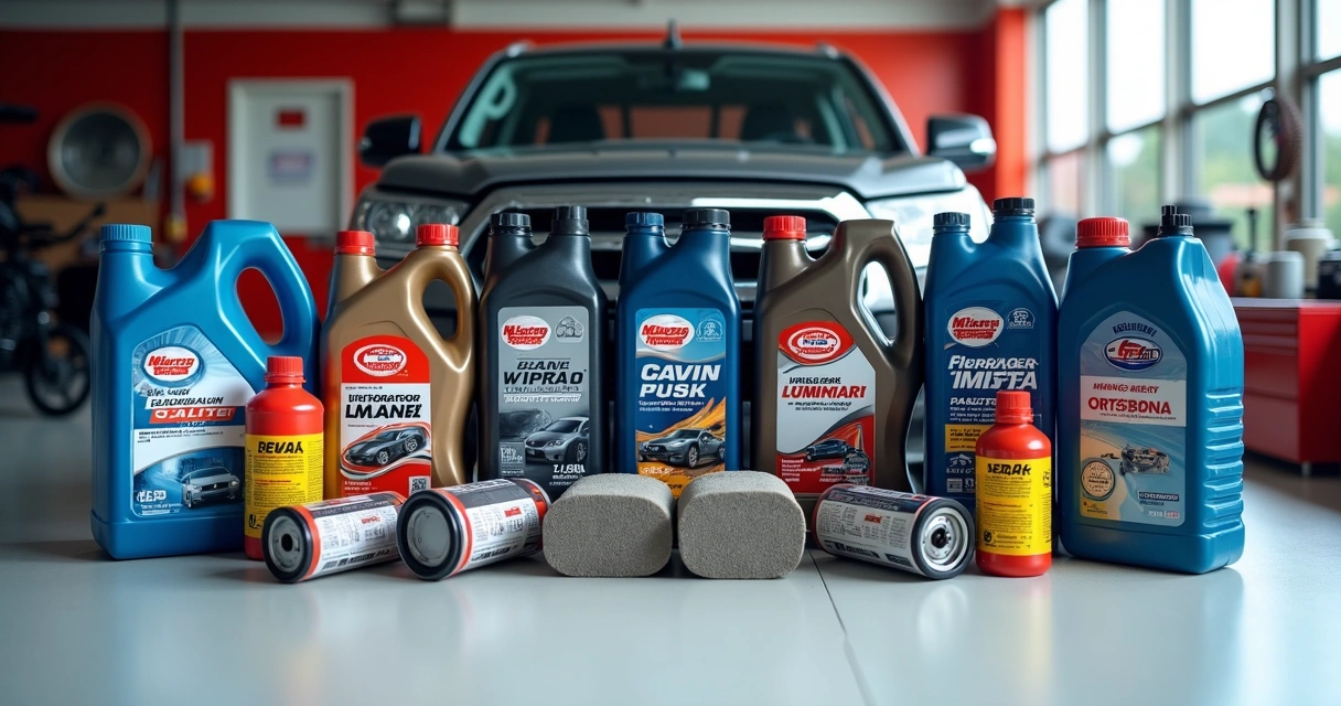 Óleo e filtros novos organizados para revisão automotiva