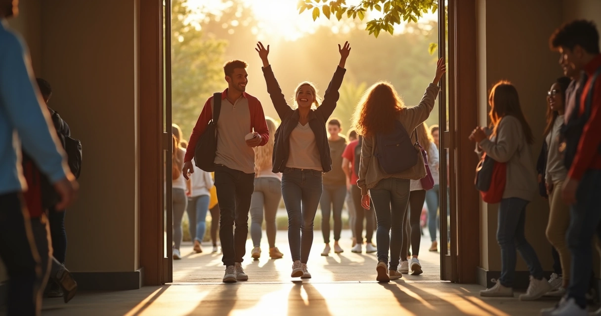 Grupo de estudantes saindo felizes do local da prova 