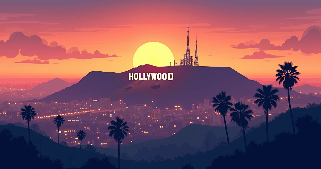 Vista panorâmica de Hollywood ao entardecer com letreiro e palmeiras 