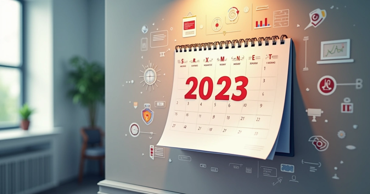 Representação de um calendário marcando dezembro de 2025 com ícones de metas e tecnologia 