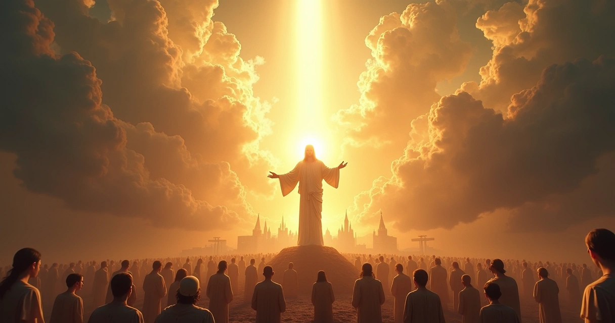 Representação artística do fim dos tempos com céu aberto revelando luz divina e cenas de ressurreição e juízo final 