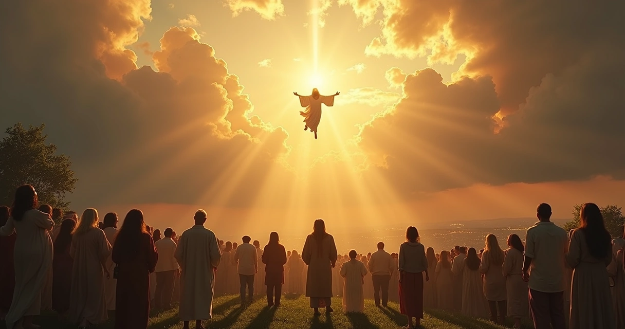 Jesus Cristo no céu iluminado com raios dourados e anjos ao redor, representando o fim dos tempos e o juízo final segundo a escatologia cristã 