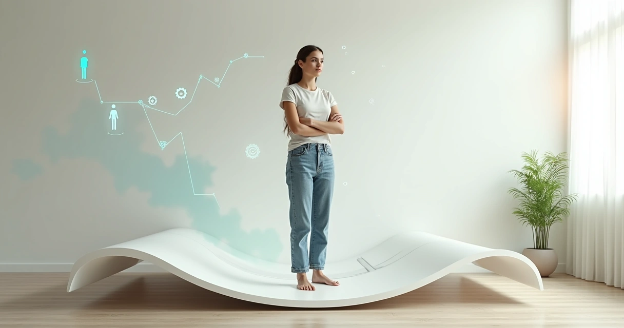 Mulher adulta confiante escolhendo caminho saudável em balança em formato de sanfona 