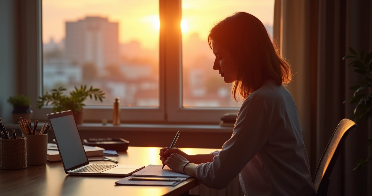 Pessoa fazendo reflexão no fim do dia com caderno em mesa de trabalho