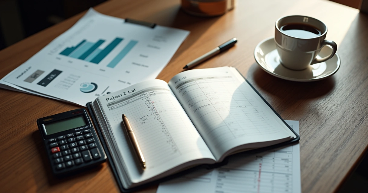 Mesa de advogado com notebook, calculadora e documentos 