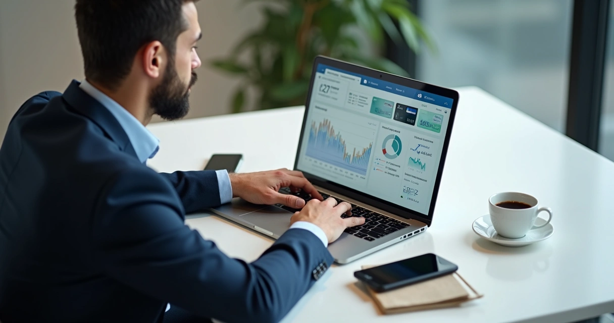 6 formas de reduzir custos operacionais em empresas dos EUA 2 Homem usando aplicativo de banco digital no notebook com gráficos financeiros e cartões bancários sobre a mesa.