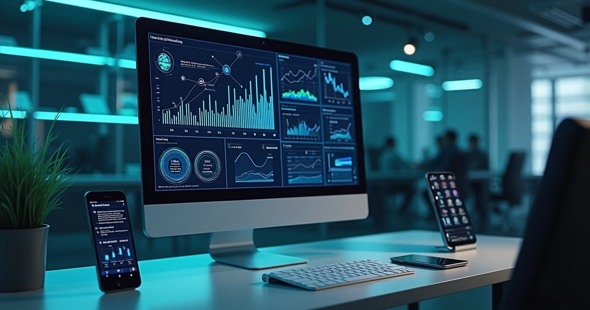 Tela de computador com gráficos financeiros digitais, conexão entre bancos e inteligência artificial visível na interface moderna e tecnológica