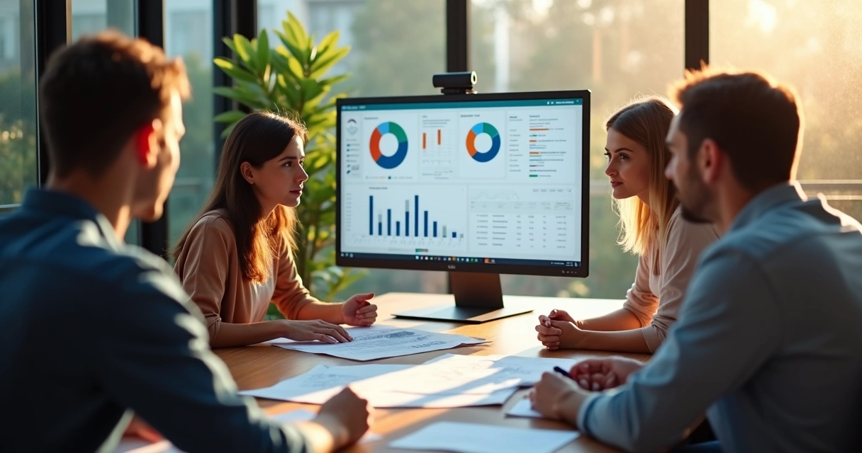 Reunião de equipe de ONG analisando finanças com computador