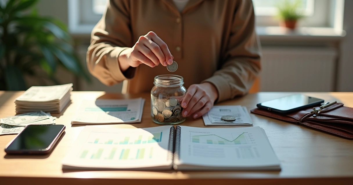 Pessoa organizando finanças em mesa com metade iluminada e metade sombreada 