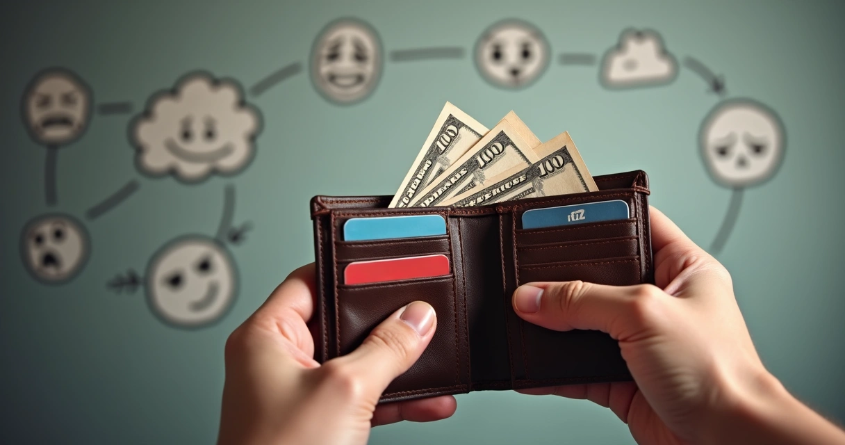 Duas mãos segurando carteira aberta com dinheiro e cartões, fundo mostra emoções desenhadas 