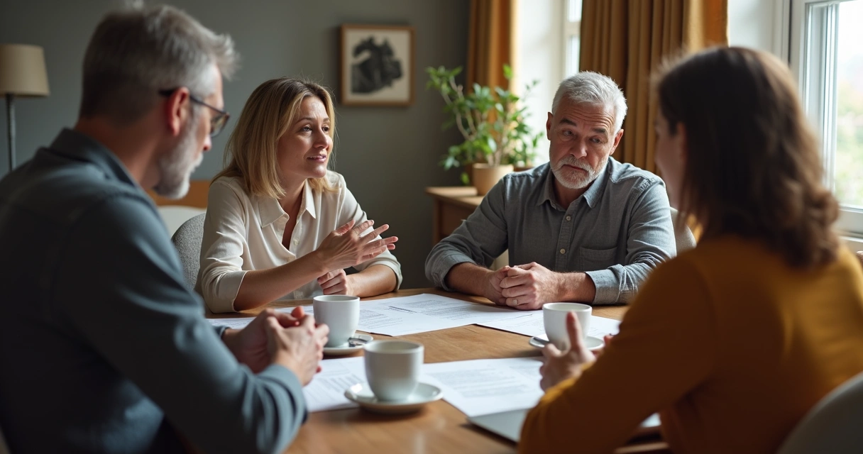 Grupo de família discutindo questões financeiras em mesa de jantar 
