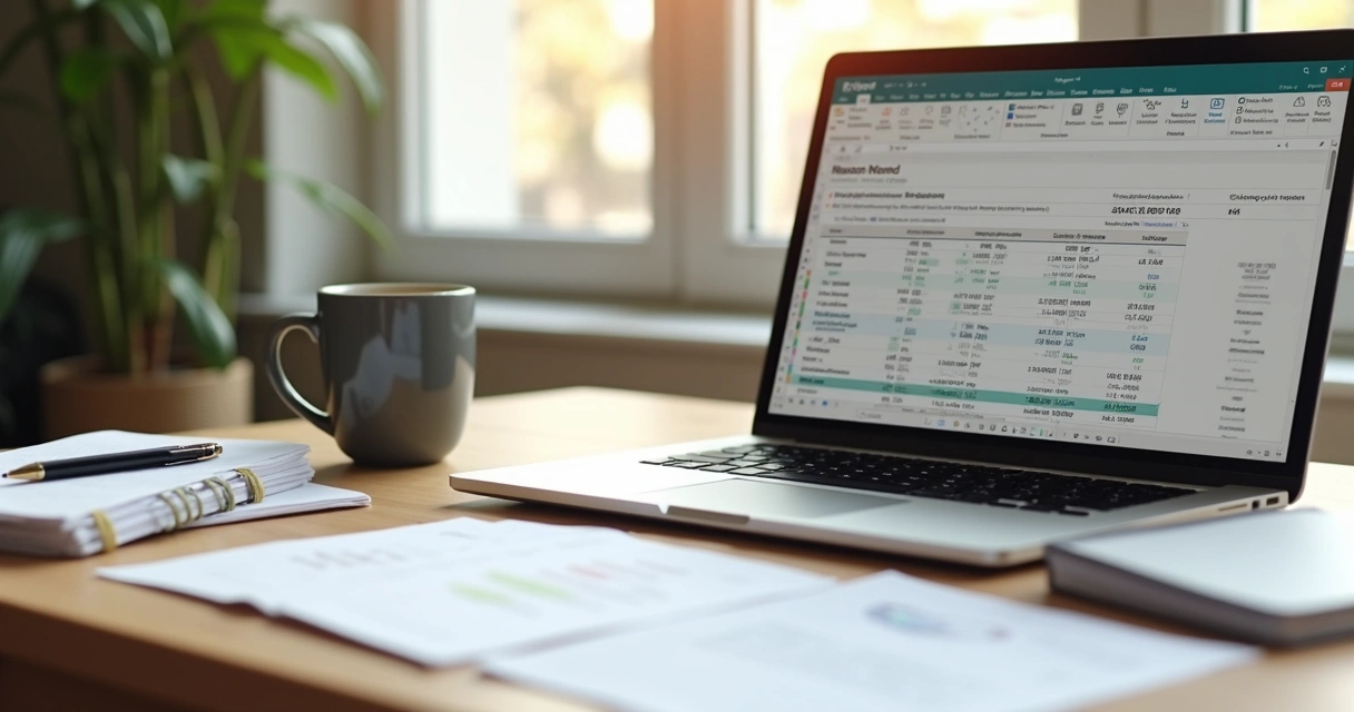Mesa de trabalho de freelancer com computador, planilha aberta e caneca ao lado