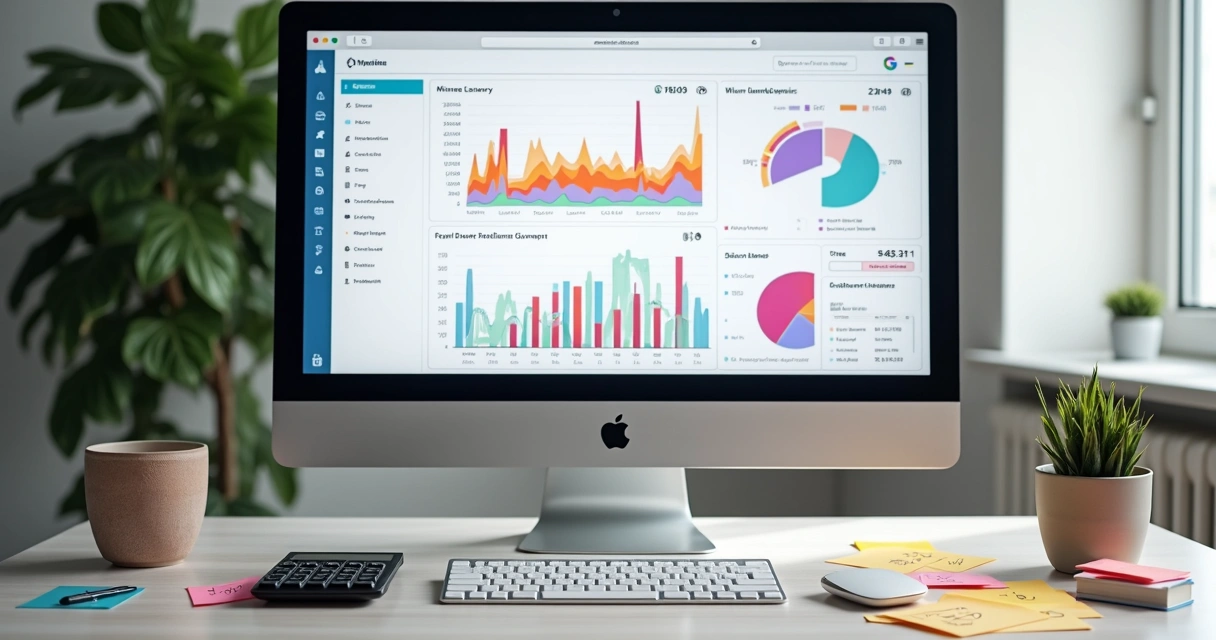 Tela de computador com gráficos financeiros coloridos 