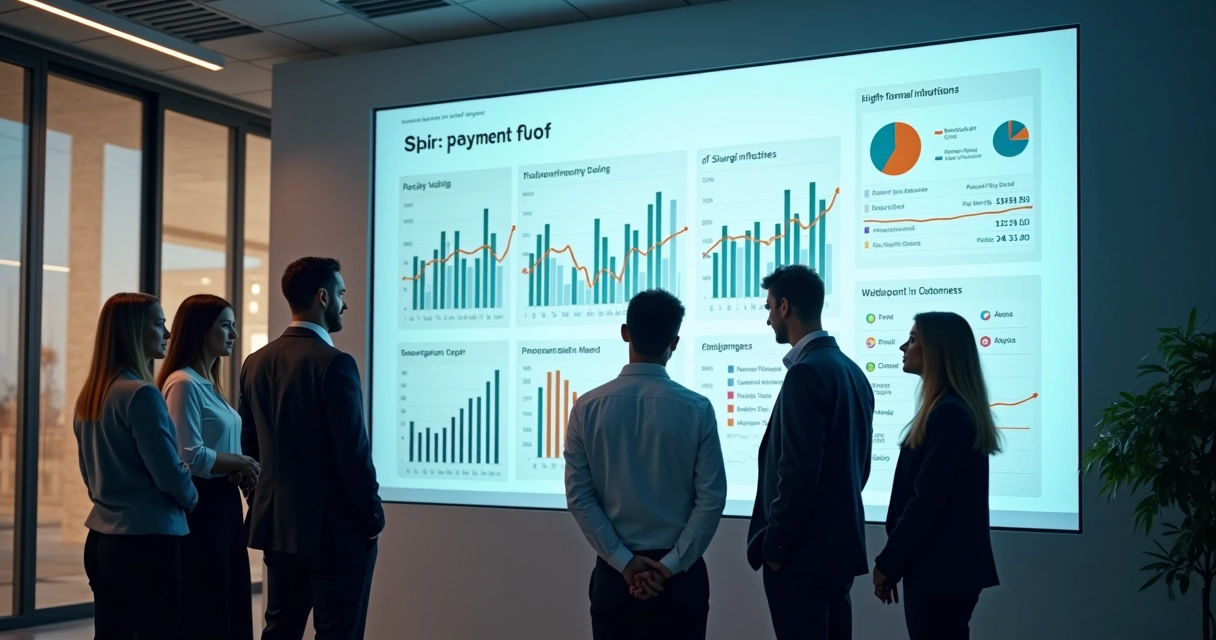 Equipe de gestão financeira analisando dashboard com divisão de pagamentos SaaS 