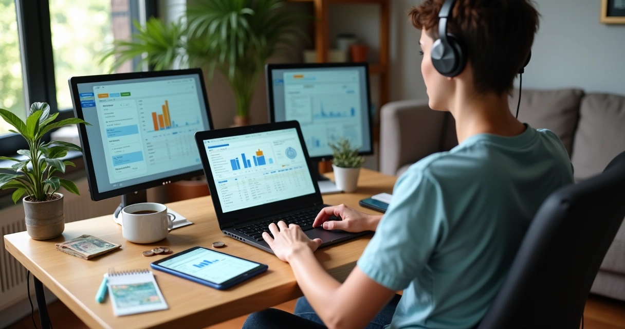 Pessoa trabalhando em home office organizando finanças com notebook e planilha 