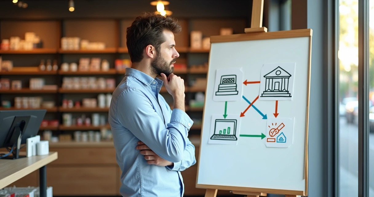 Dona de pequena loja de varejo escolhe entre diferentes fluxos financeiros em quadro branco 