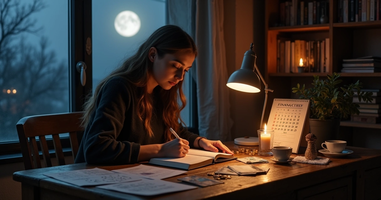 Mulher escrevendo intenções financeiras sob a luz suave da lua e velas, cálculos à mão 