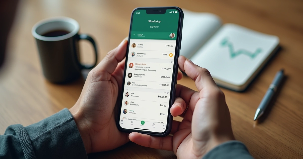 Pessoa digitando gastos no WhatsApp em um celular, ao lado de uma mesa com café e caderno de anotações. 