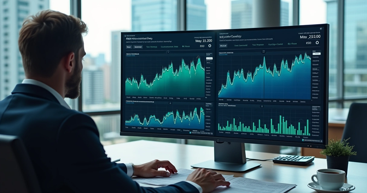 Analista financeiro usando IA em tela de computador para prever tendências 