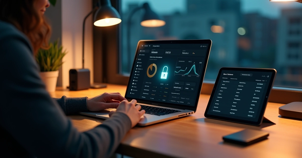 Pessoa usando notebook e tablet para gerenciar finanças com tela destacando cadeado digital 