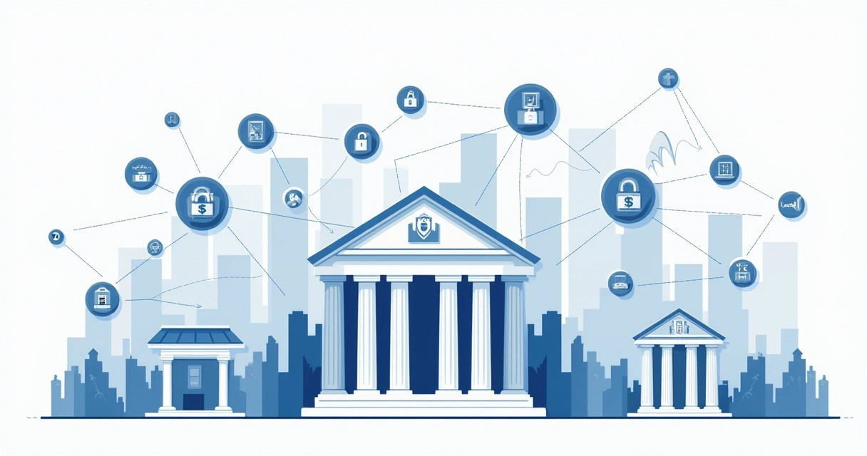 Gráficos financeiros, moedas digitais e bancos conectados na blockchain. 