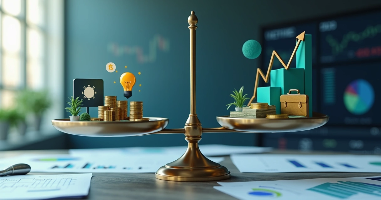 Ilustração realista de uma balança equilibrando ícones de venture capital e private equity, com gráficos financeiros ao fundo 