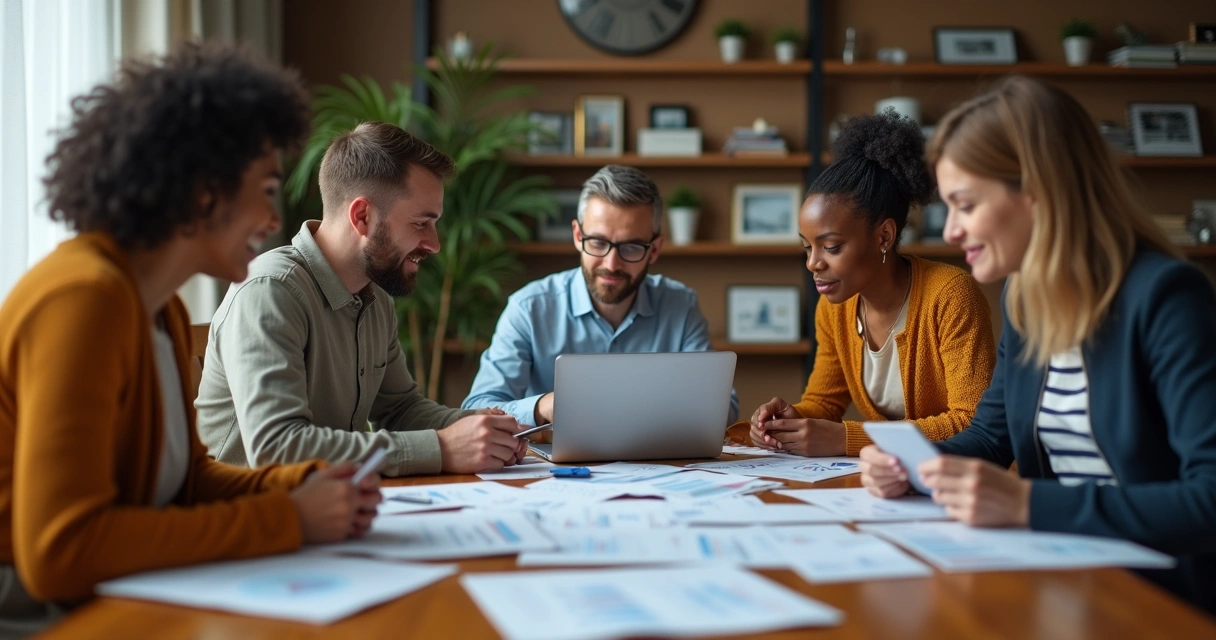 People discussing finances around a table with documents and a laptop