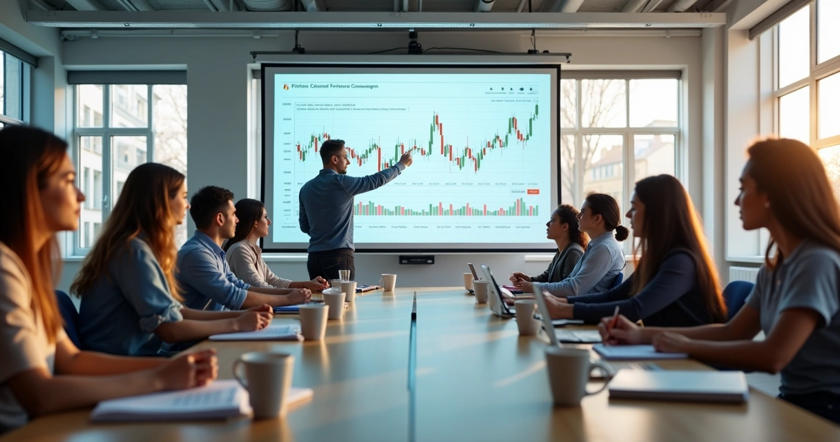 Students in classroom studying finance with laptops and textbooks