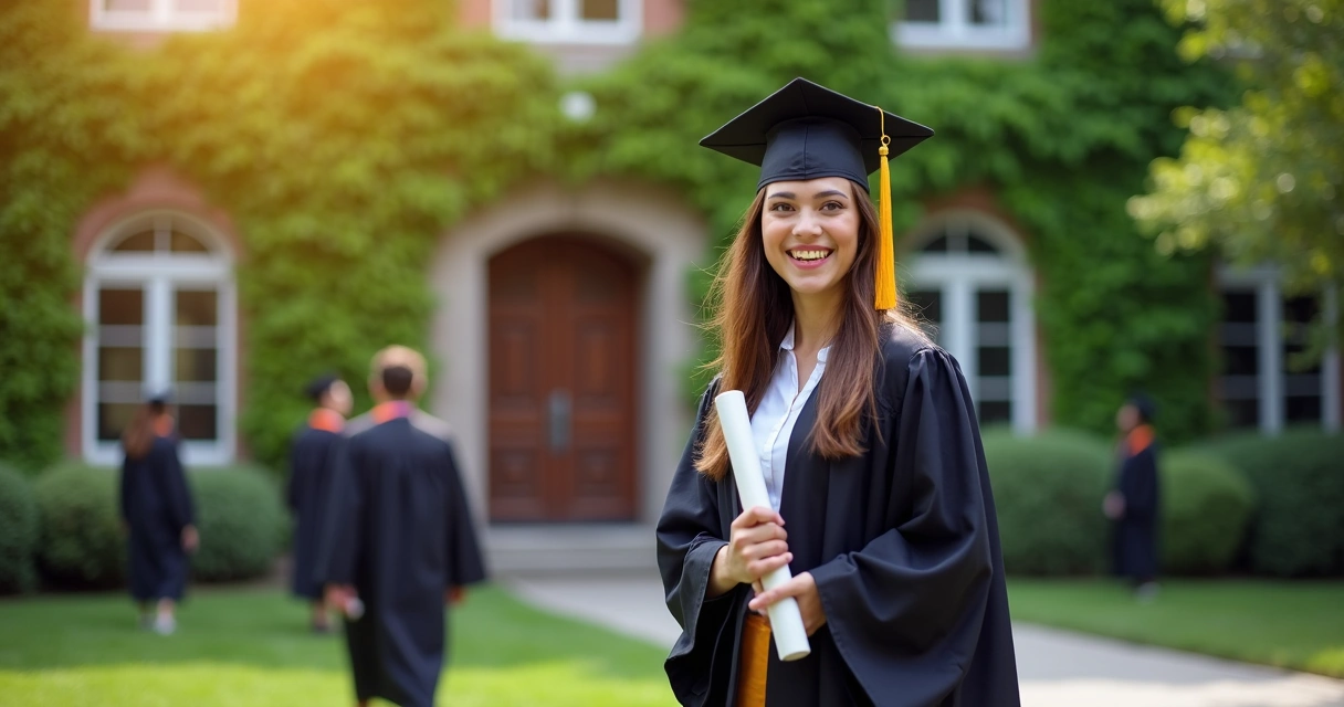 Graduate holding diploma with university building