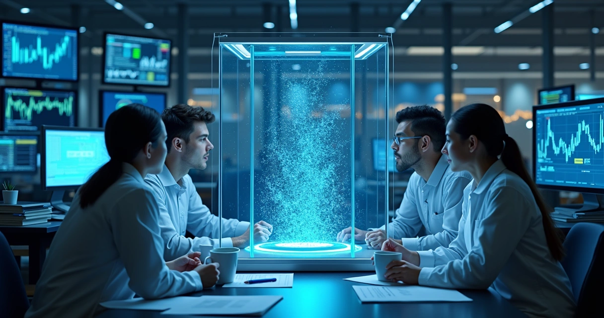 Team of scientists and finance professionals working with quantum computer hardware 