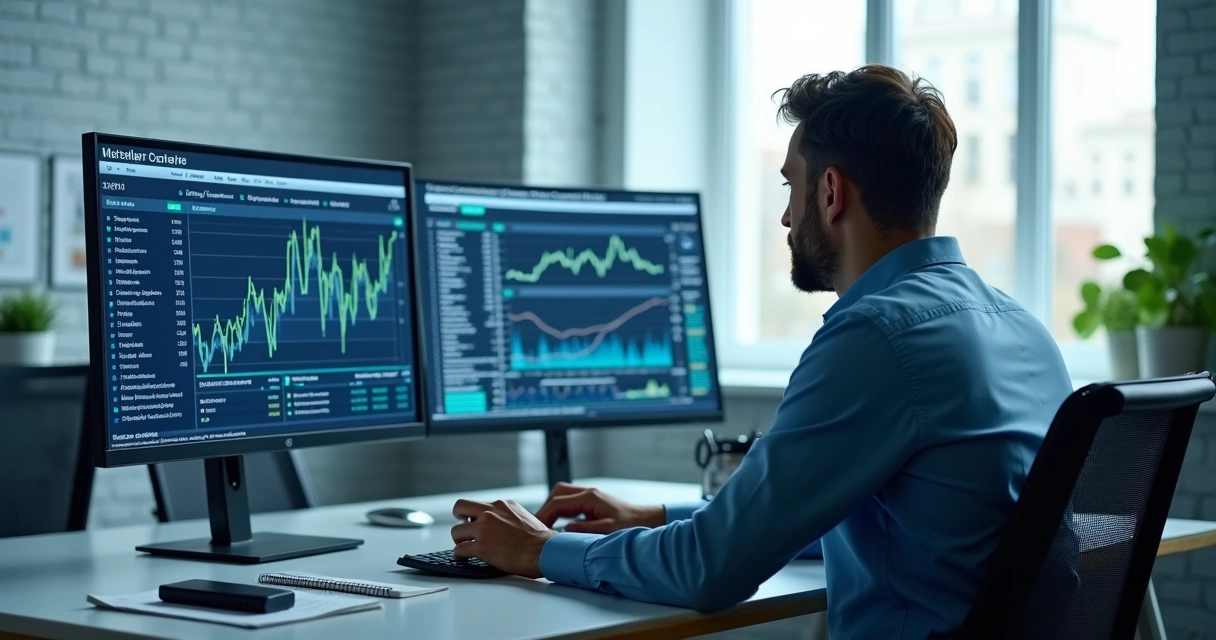 Analyst reviewing finance and security dashboards on dual monitors 