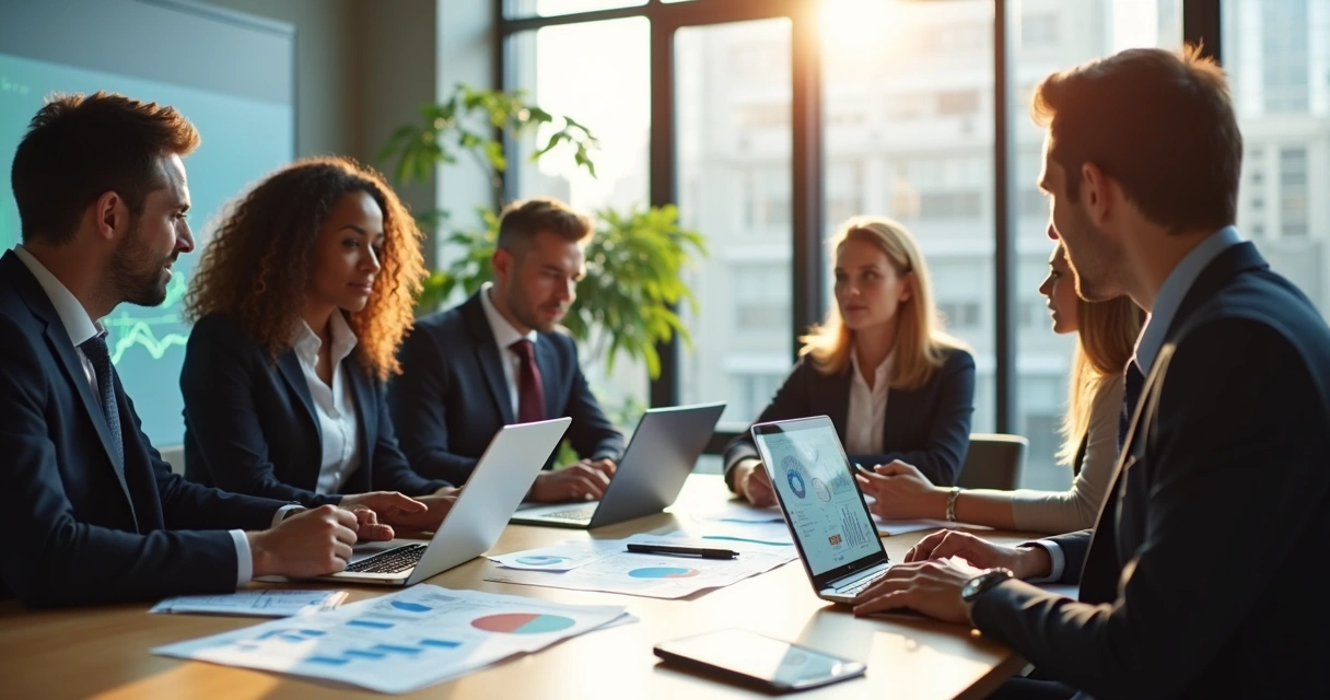 Financial professionals at a workplace with charts on table
