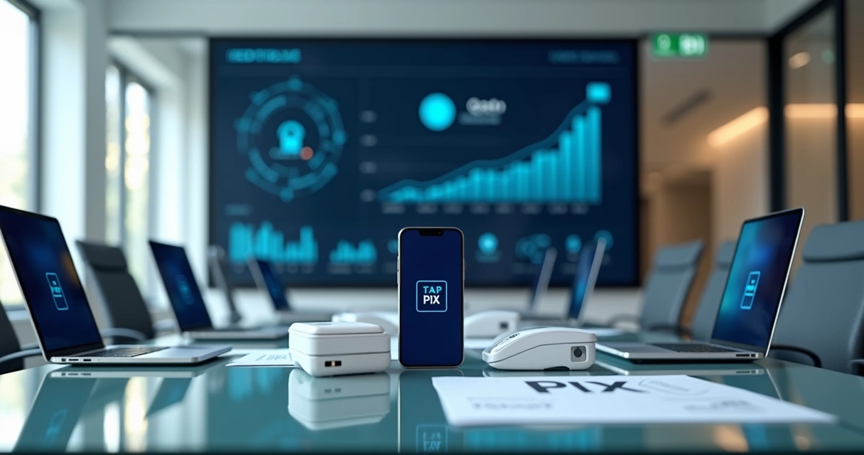 Equipe analisando painel de financeira tecnológica com maquininhas e gráficos digitais 