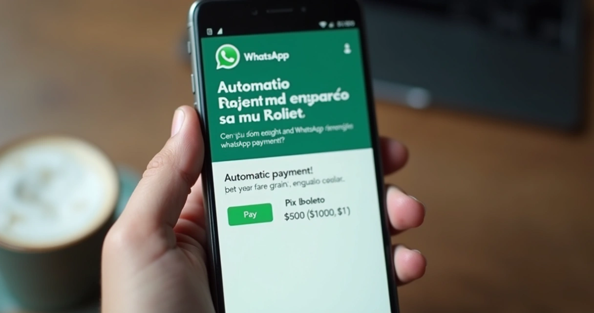 Uma mão segurando celular com tela de conversa do WhatsApp mostrando cobrança automática efetivada 