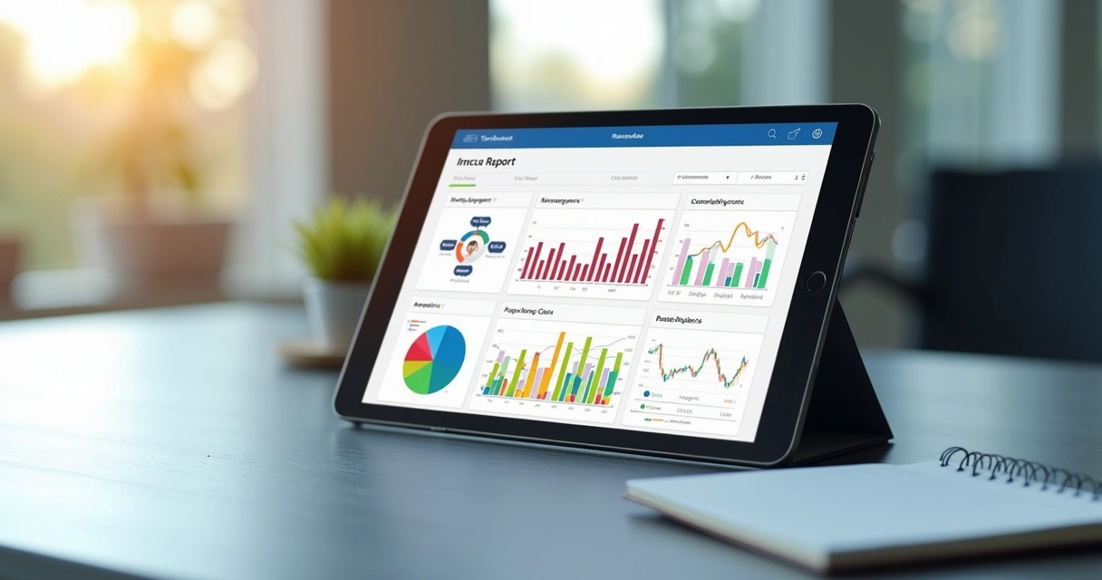 Tela digital com relatórios financeiros de associação, incluindo gráficos e resumo IA.