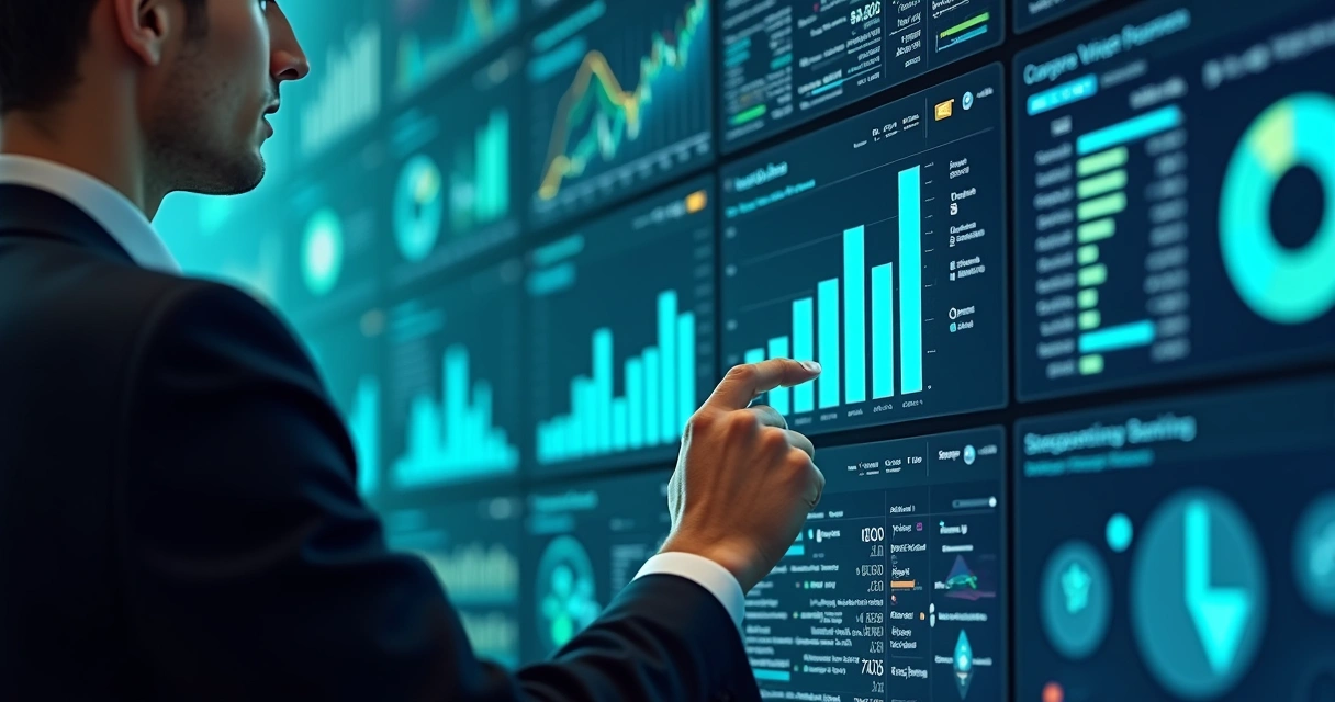 Dashboard digital com gráficos financeiros coloridos e dados bancários integrados