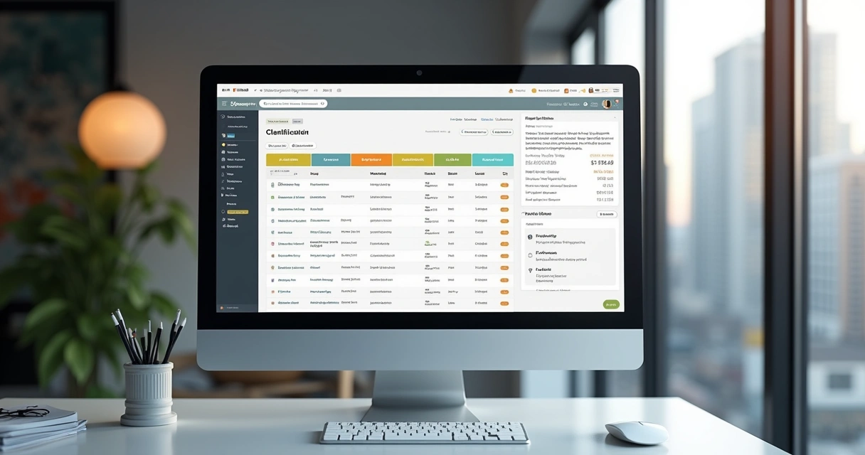 Tela de computador mostrando painel financeiro com gráficos coloridos e lista de clientes com status de pagamento 