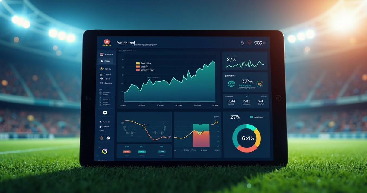 Tela de gestão financeira digital com gráficos e futebol em segundo plano